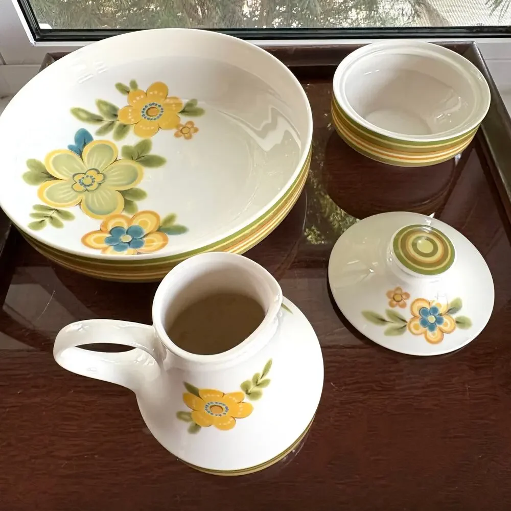 Noritake Chestnuthill Floral Stoneware Bowl, Creamer, and Sugar Set Vintage